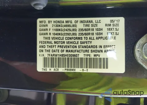 2017 Honda Cr-V Ex-L/Ex-L Navi из США, поврежденный, VIN 7FARW1H85HE009607